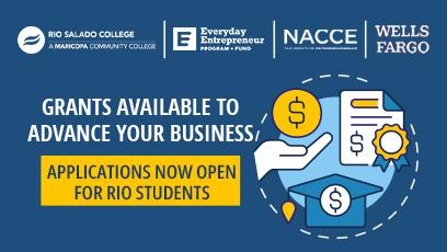 Graphic with dollar signs, hand and grad cap. Text: Grants available to advance your business. Applications now open for Rio students