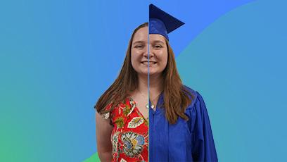 Rheanon Heller half face in normal clothes and other half in cap and gown