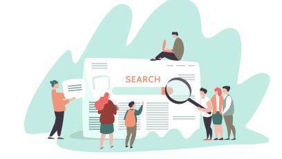 Group of cartoon people gathered around a search menu