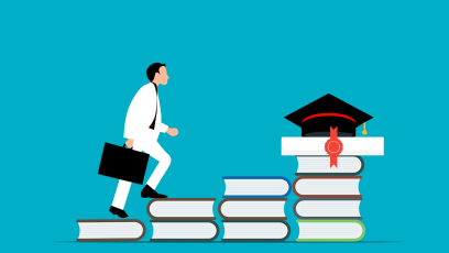 Businessman climbing up stairs made of books toward graduate's cap and college degree at the top