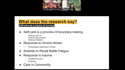 Slide on self-care from Dr. Armstrong's presentation