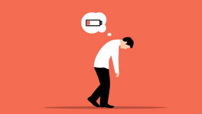 A stressed man with a low battery symbol hanging over his head