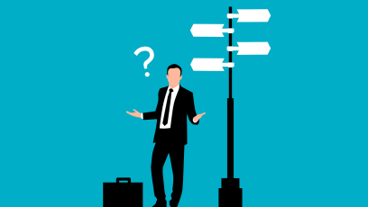 Cartoon of confused man with briefcase standing at crossroads