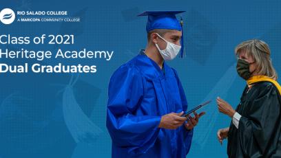 photo of dual graduate and President Smith text reads 'Class of 2021 Heritage Academy Dual Graduates'