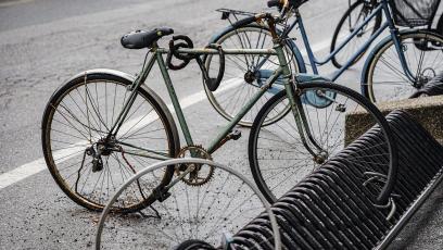 Bicycles tied to bike rack