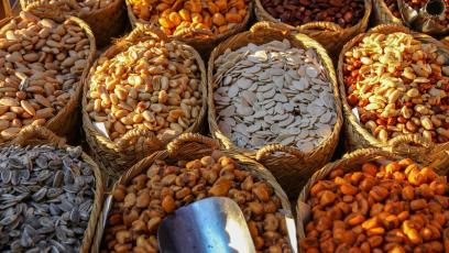 Baskets full of assorted nuts and seeds