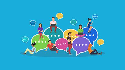 Speech bubbles for comment and reply concept flat vector illustration of young people using mobile smartphone and tablets for texting and communicating on networks. Guys and women sitting on bubbles
