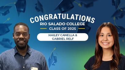 A congratulatory graphic for Rio Salado College’s Class of 2025 features two graduates: a smiling man on the left wearing a blue button-up shirt and name badge, and a smiling woman on the right in a black top. The background includes blue and green gradient tones with illustrated graduation caps flying in the air. Text in the center reads: “Congratulations Rio Salado College Class of 2025 – Hailey Canella & Gabriel Relf.”
