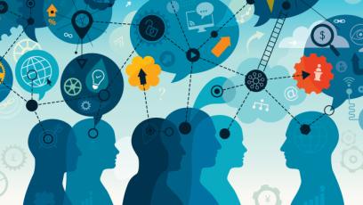 Businessmen and businesswomen are represented as silhouettes. Above are different speech bubbles 