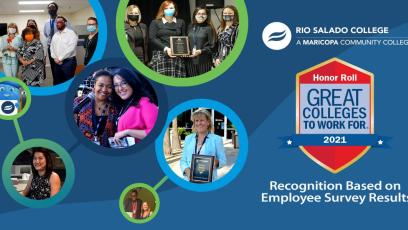 Happy Rio Salado employee photos keyed into connected circles. Rio Salado and Great Colleges to Work For 2021 Honor Roll logos. 