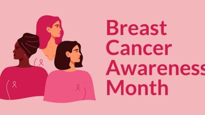 Illustration of three diverse women in pink. Text: Breast Cancer Awareness Month