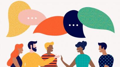 Diverse group of people talking with word balloons