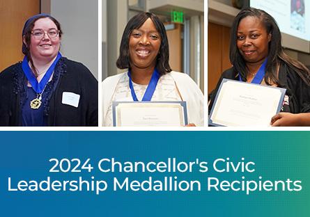 Photo collage of Saffron, Tara and Shaniqua with text "2024 Chancellor's Civic Leadership Medallion Recipients"