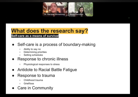Slide on self-care from Dr. Armstrong's presentation