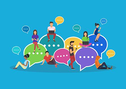 Speech bubbles for comment and reply concept flat vector illustration of young people using mobile smartphone and tablets for texting and communicating on networks. Guys and women sitting on bubbles