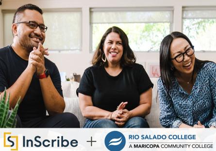 Group of diverse people gathered in a living room laughing. Text: Inscribe + Rio Salado College
