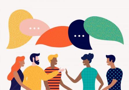 Diverse group of people talking with word balloons
