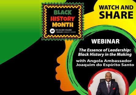 Black History Month colorful banner "Watch and Share" "Webinar The Essence of Black History in the Making with Angola Ambassador Joaquim do Espirito Santo