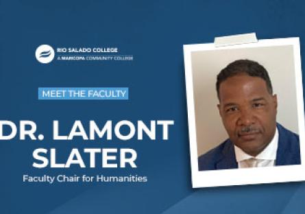photo of humanities faculty chair Dr. Lamont Slater. Text: Meet the Faculty