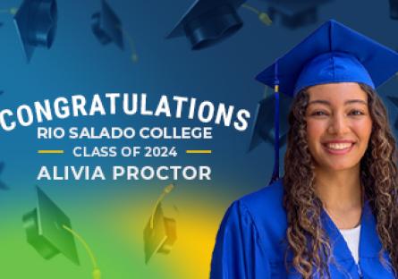 image of Alivia Proctor in her cap and gown. Colorful green and blue gradient background. Text: Congratulations Rio Salado College Class of 2024. Alivia Proctor.