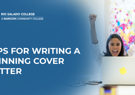 woman looking at a laptop screen with text: Tips for writing a winning cover letter