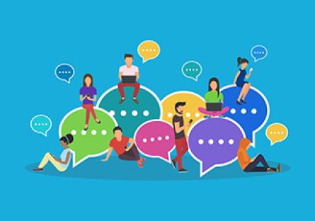 Speech bubbles for comment and reply concept flat vector illustration of young people using mobile smartphone and tablets for texting and communicating on networks. Guys and women sitting on bubbles