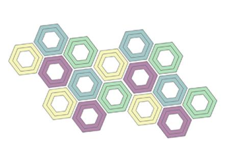 Abstract pattern of interlocking pastel-colored hexagons on a white background.