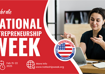Person talking on tablet with words: Celebration National Entrepreneurship Week Feb. 15-22. More info: www.natleshipweek.org/