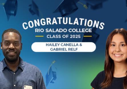 A congratulatory graphic for Rio Salado College’s Class of 2025 features two graduates: a smiling man on the left wearing a blue button-up shirt and name badge, and a smiling woman on the right in a black top. The background includes blue and green gradient tones with illustrated graduation caps flying in the air. Text in the center reads: “Congratulations Rio Salado College Class of 2025 – Hailey Canella & Gabriel Relf.”