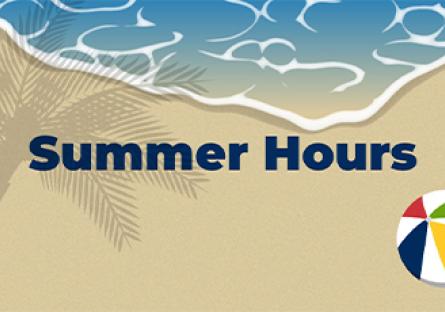 Illustration of a beach scene with ocean waves at the top, tan sand, a palm tree shadow, and a colorful beach ball in the bottom right corner. Bold navy text in the center reads “Summer Hours.”