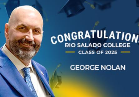 A congratulatory graphic for Rio Salado College’s Class of 2025 features graduate George Nolan. He is dressed in a sharp blue suit with a patterned tie, smiling confidently against a backdrop of flying graduation caps. The text reads: “Congratulations Rio Salado College Class of 2025 – George Nolan.”