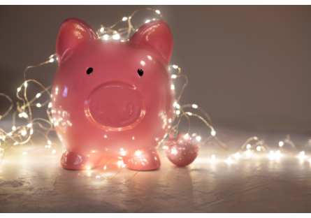 A piggybank wrapped in Christmas lights