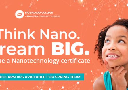 photo of a child looking up. Text: Think Nano. Dream Big. Pursue a Nanotechnology certificate. scholarships available for spring