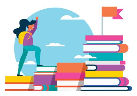 Illustration of a college student climbing a mountain made of books.