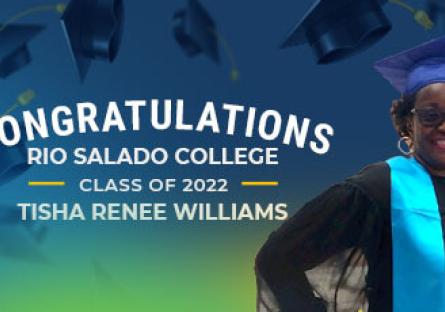 photo of Tisha Renee Williams with a blue green gradient background and the text: Congratulations Rio Salado College Class of 20